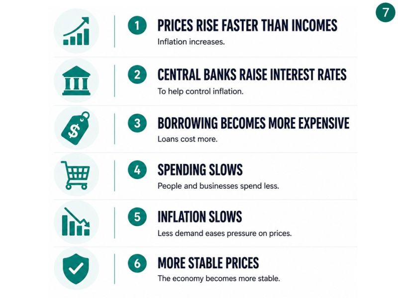 Six-step sequence: prices rise faster than incomes, central banks raise interest rates, borrowing becomes more expensive, spending slows, inflation slows and prices become more stable.