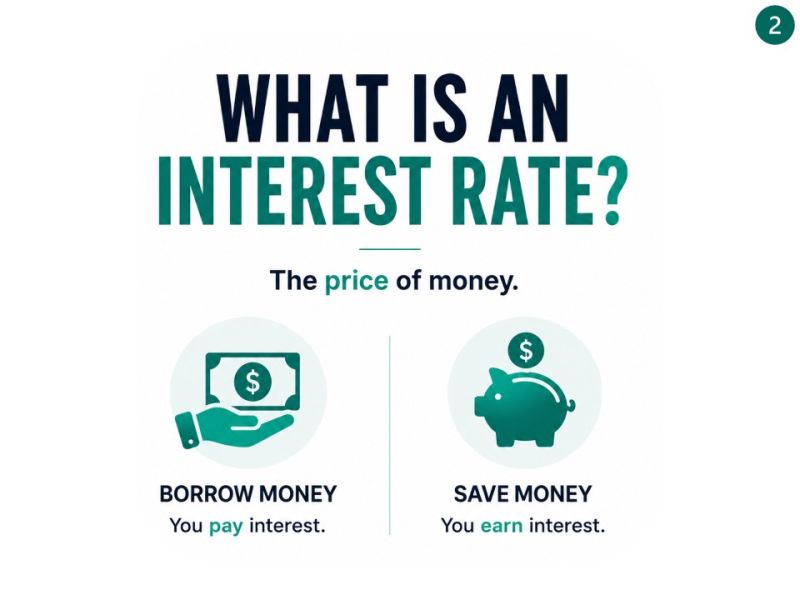 Slide titled “What is an interest rate?”: the price of money. When you borrow money you pay interest, and when you save money you earn interest.
