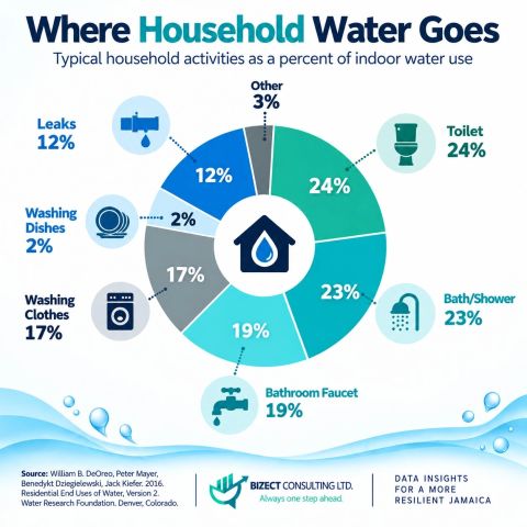 Donut chart of where household water goes: toilet 24%, bath or shower 23%, bathroom faucet 19%, washing clothes 17%, leaks 12%, washing dishes 2% and other 3% of indoor use.